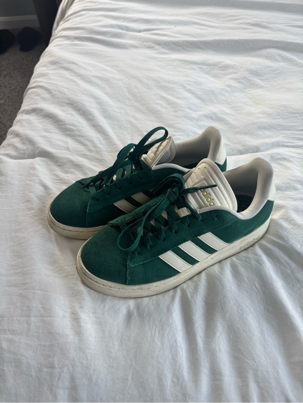 7.5 Adidas Green Suede Sneakers with White Stripes